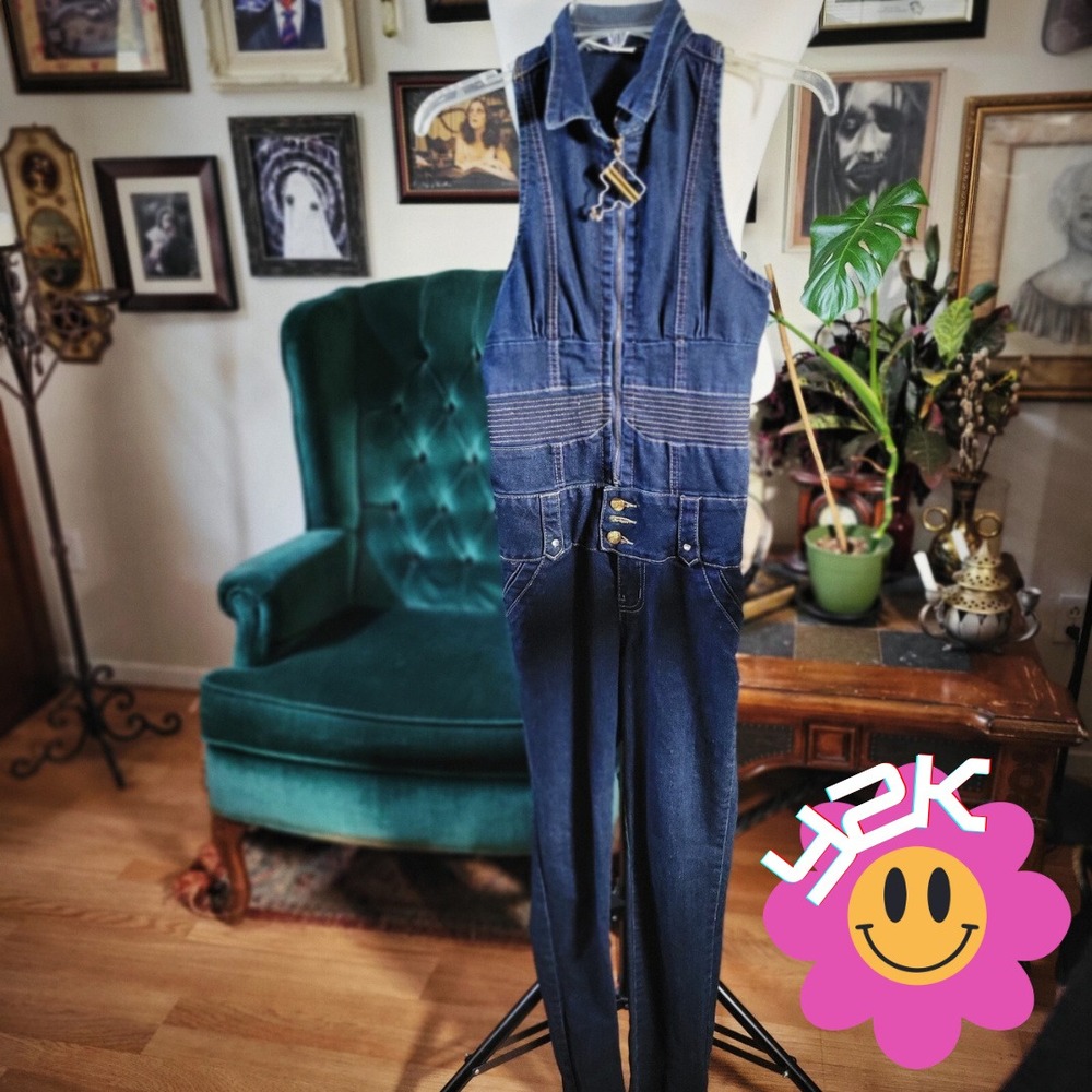 M. Michel Denim Jumpsuit Vintage Y2K Dark Wash Halter Neck Flare Leg Blue Size 3